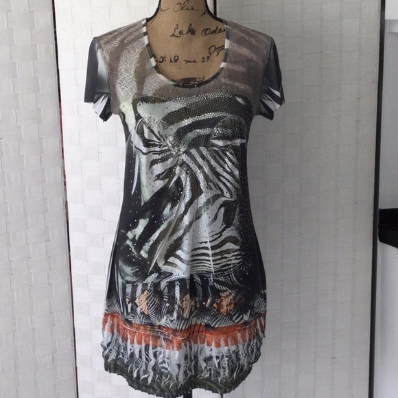 Woman’s Crisca Dress color green white & orange short sleeves Size M  #465 - Picture 1 of 8